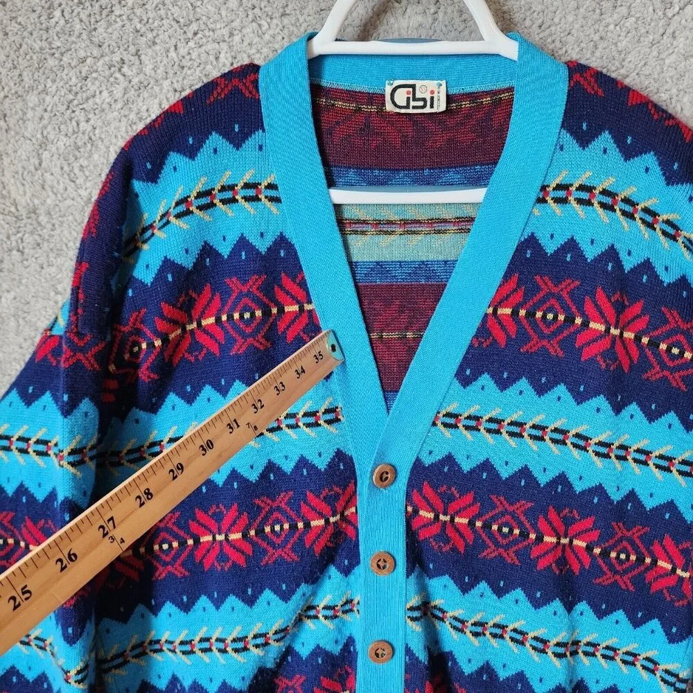 VTG Gibi Western Aztec Striped‎ Button Long Sleeve Cardigan Sweater Size Large